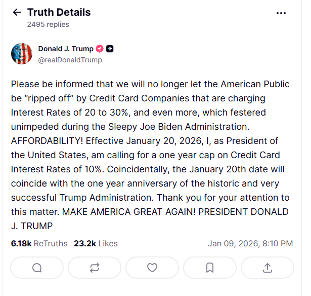 Trump truth social 10% credit card interest rate