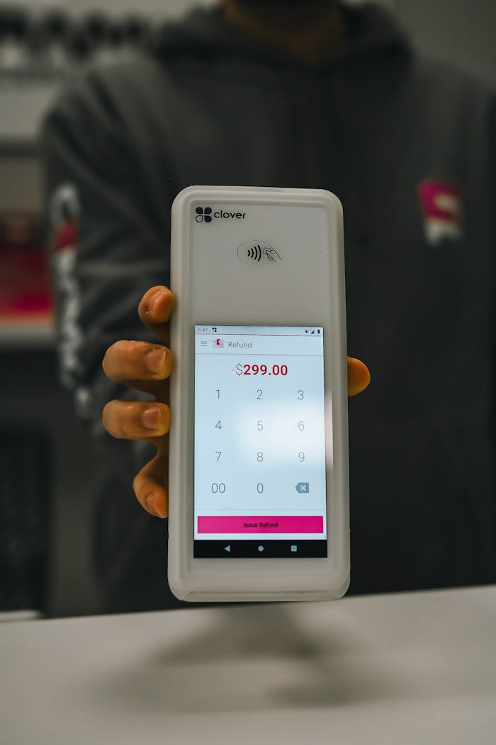 Services Close-up of a payment terminal showing a $299 refund, illustrating modern contactless payment solutions.
