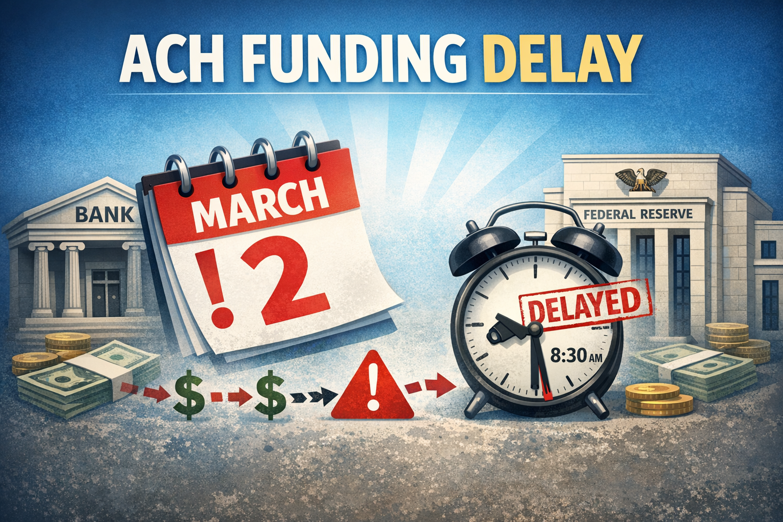 Illustration showing an ACH funding delay with a March 2 calendar, 8:30 AM clock stamped “Delayed,” bank building, Federal Reserve building, and dollar flow arrows indicating settlement disruption.