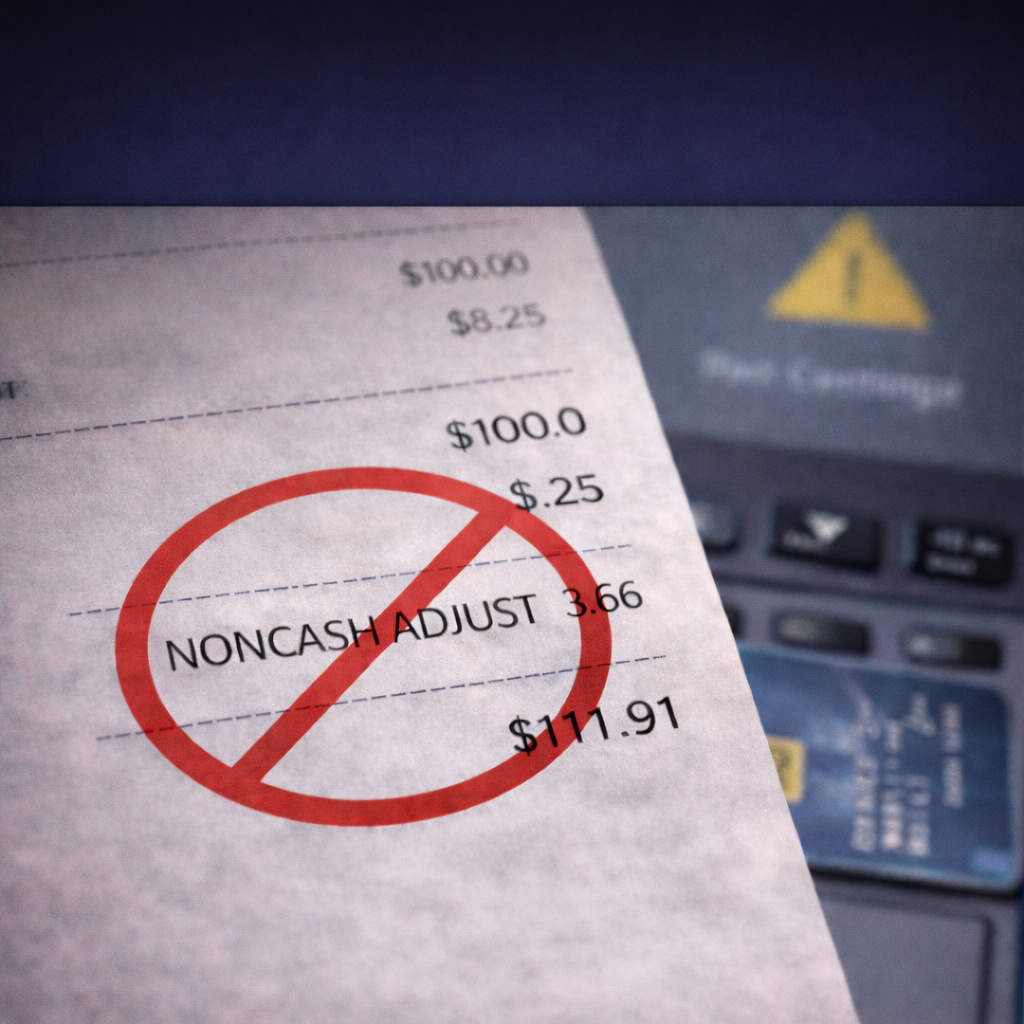 Receipt showing “noncash adjust” fee crossed out with red prohibition symbol on credit card transaction