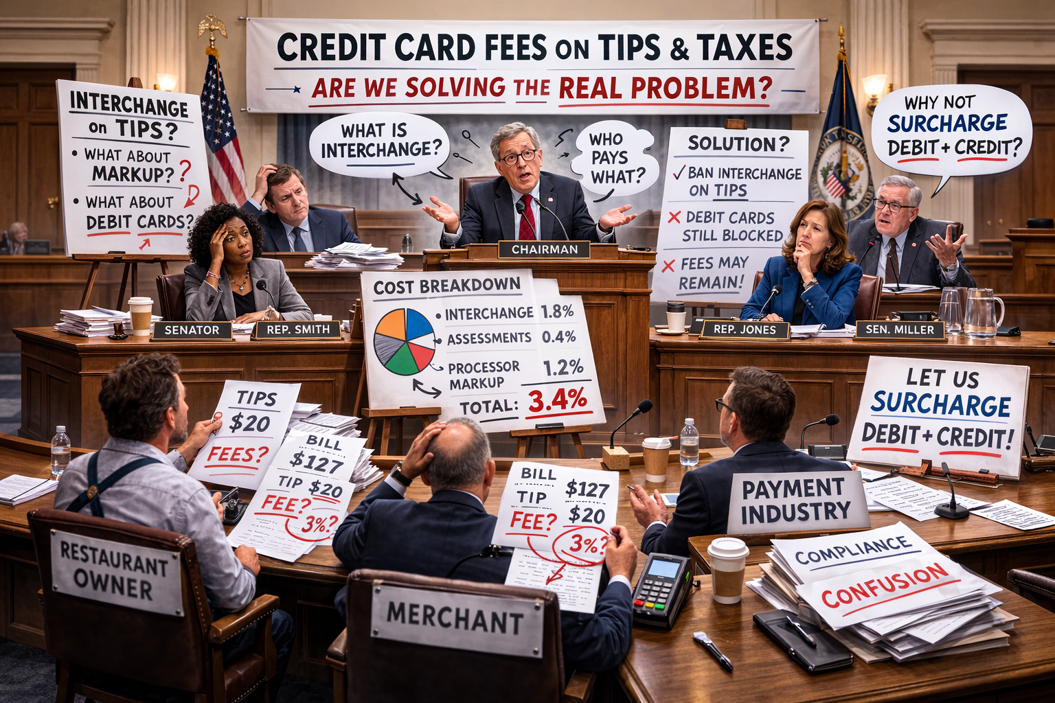 Illustration of a legislative hearing debating credit card fees on tips and taxes, showing lawmakers, merchants, and payment industry representatives discussing interchange costs and surcharge rules.