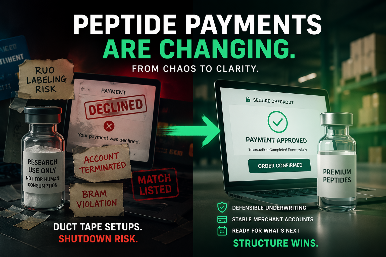 Peptide payment processing shift from high-risk RUO setups with declined transactions to secure approved merchant accounts