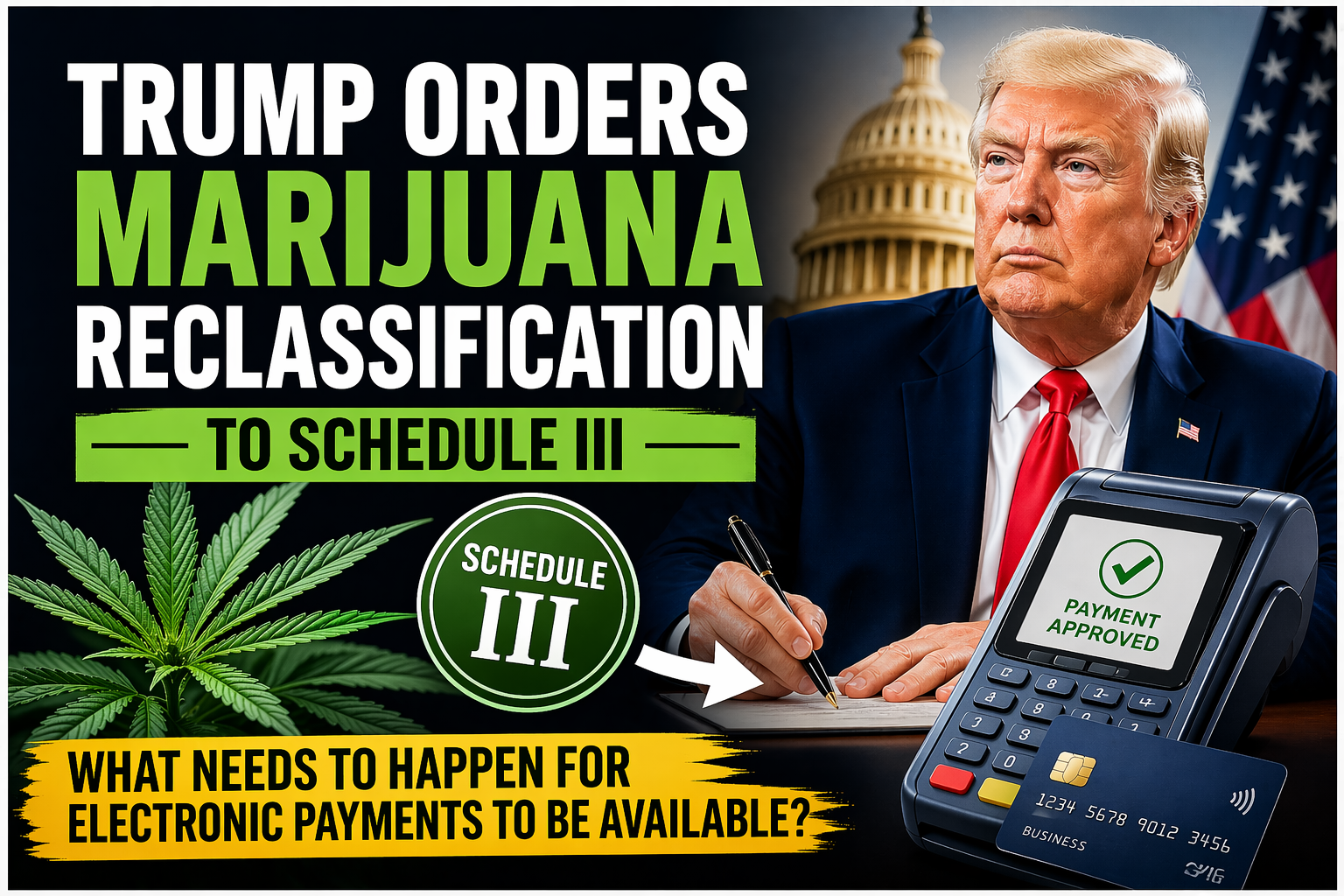 Trump marijuana Schedule 3 reclassification and cannabis payment processing concept image