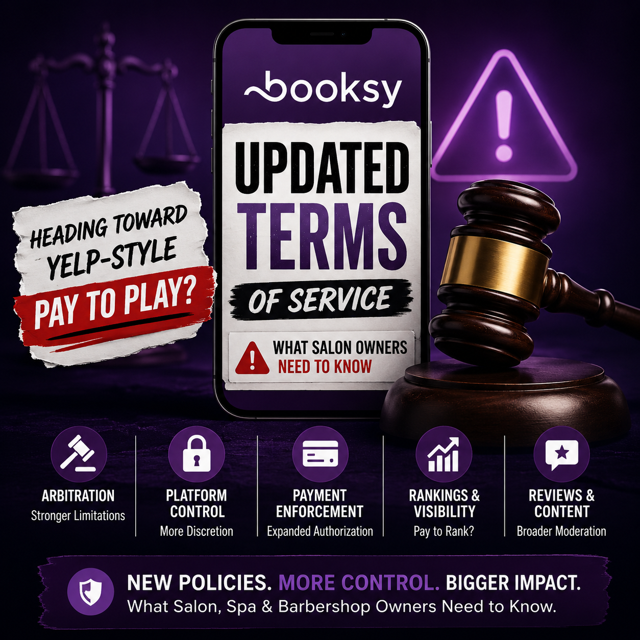 Booksy updated Terms of Service graphic highlighting arbitration, payment enforcement, rankings, and Yelp-style pay-to-play concerns for salon owners.