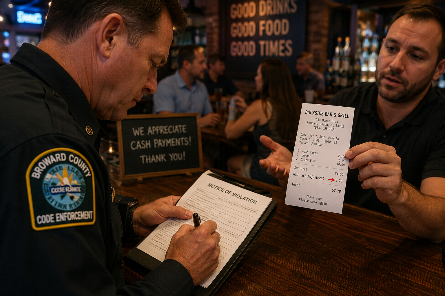 Florida code enforcement officer reviewing a restaurant receipt with a non-cash adjustment while issuing a compliance citation under Florida SB 606 surcharge disclosure requirements.
