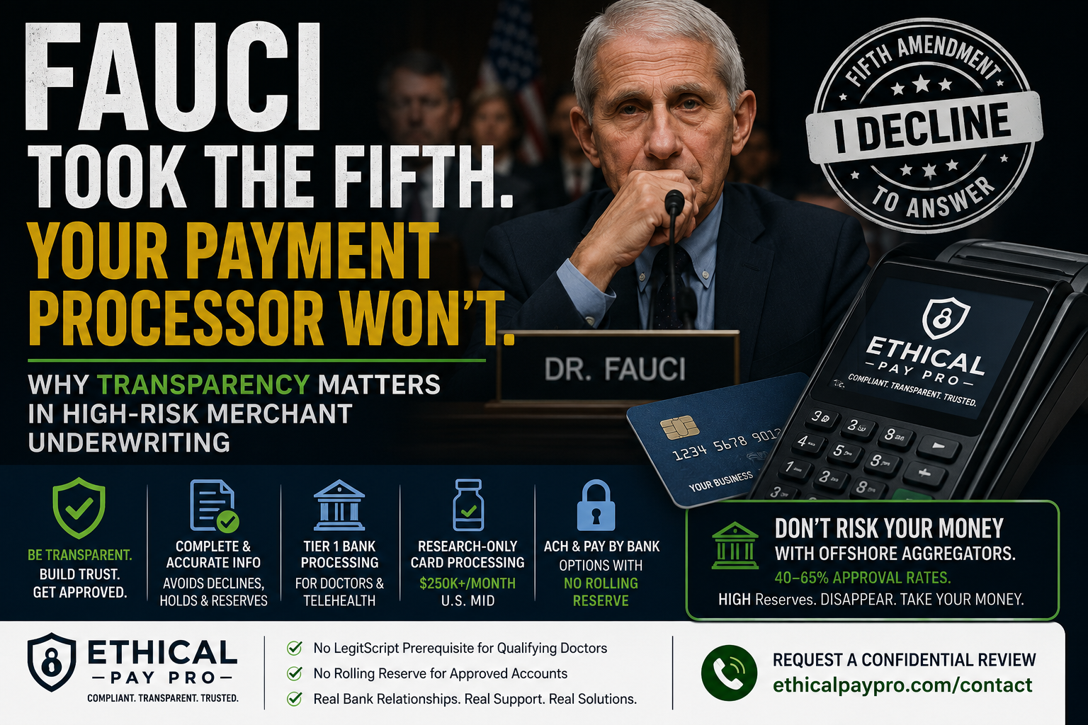 Featured image about Anthony Fauci invoking the Fifth Amendment and the importance of transparency in high-risk merchant underwriting.
