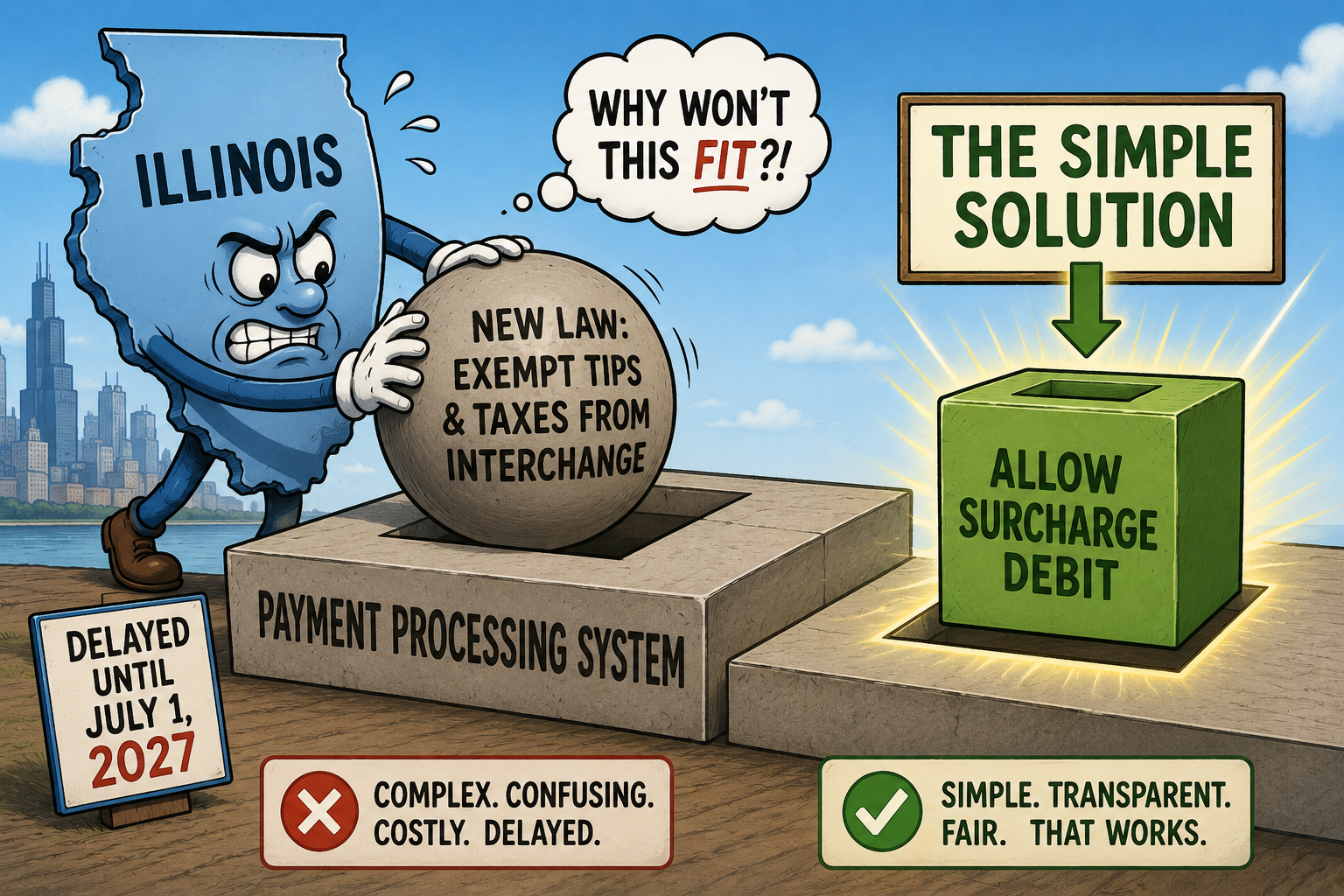 Editorial illustration showing Illinois trying to force a round "Exempt Tips & Taxes From Interchange" law into a square payment processing system while a simple "Allow Surcharge Debit" solution fits perfectly.
