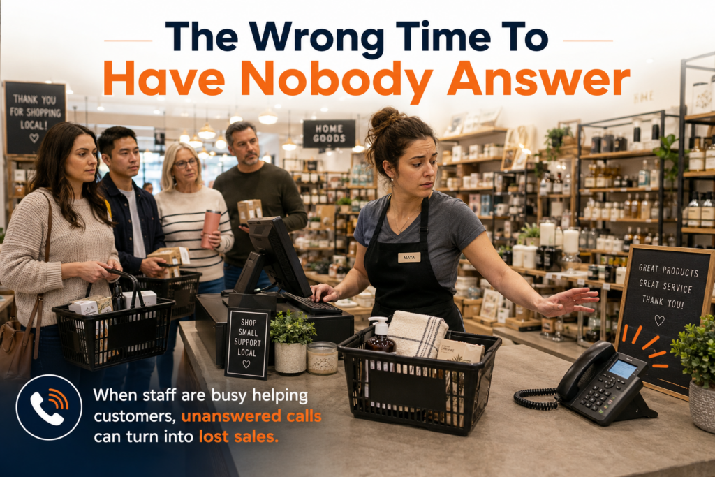 Employees choose between helping face to face customers and answering incoming calls
