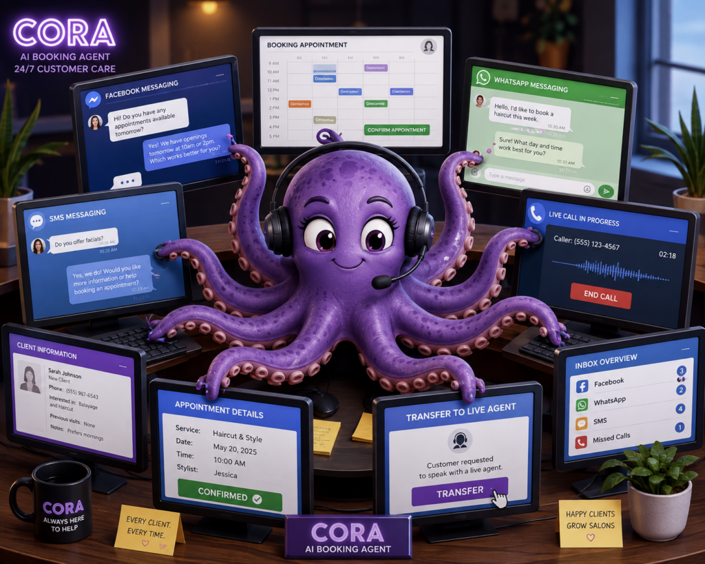Cora AI salon receptionist handling phone calls, Facebook Messenger, WhatsApp, SMS, appointment booking, and live agent transfers for a busy hair salon.