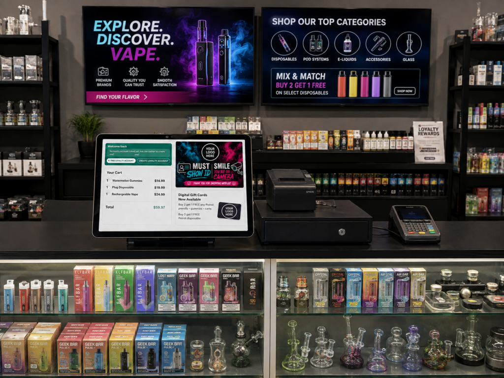 Modern vape shop checkout counter with a customer-facing POS display, card reader, receipt printer, cash drawer, glass product case, and two digital menu boards.