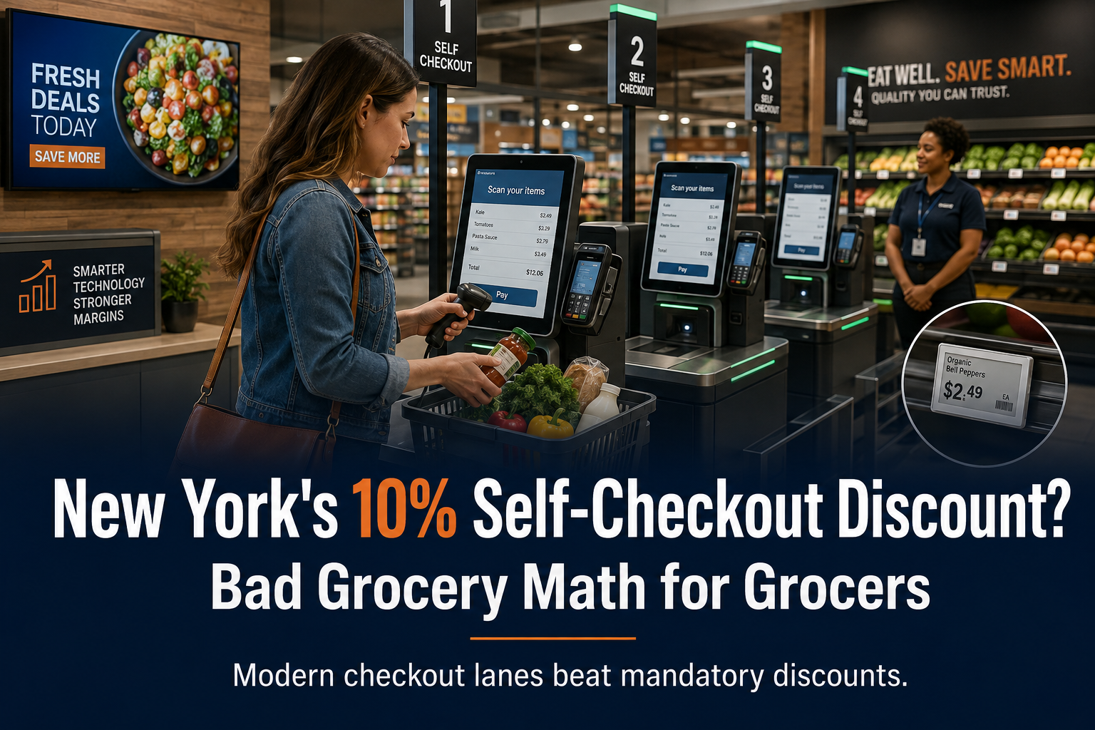 Modern grocery self-checkout area illustrating New York’s proposed 10% self-checkout discount and its impact on grocery-store margins.