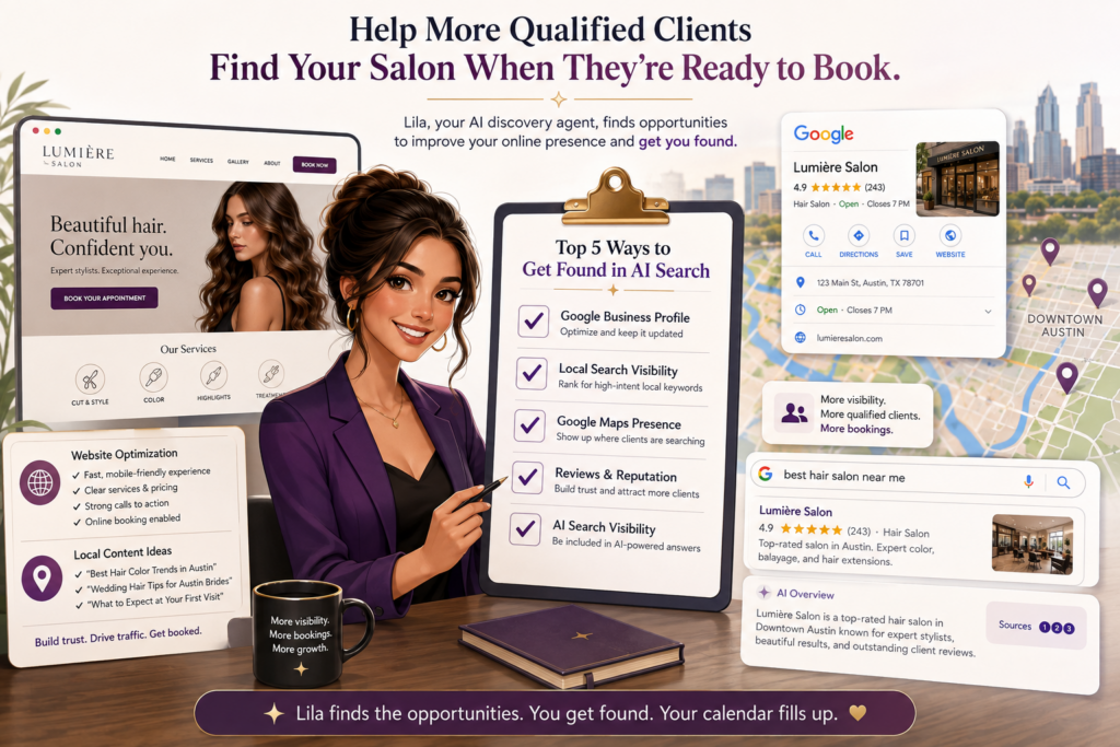 Illustration of Lila, an AI discovery agent, reviewing a checklist to improve a salon’s online visibility, including Google Business Profile, local search, Google Maps, reviews, website optimization, and AI search presence.