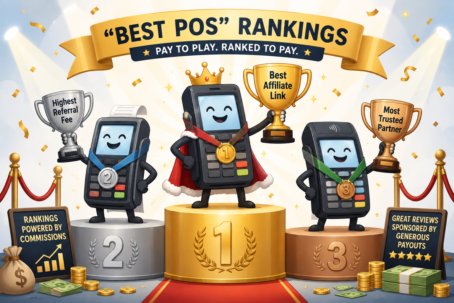 POS systems displayed on ranked podiums beneath a gold trophy.