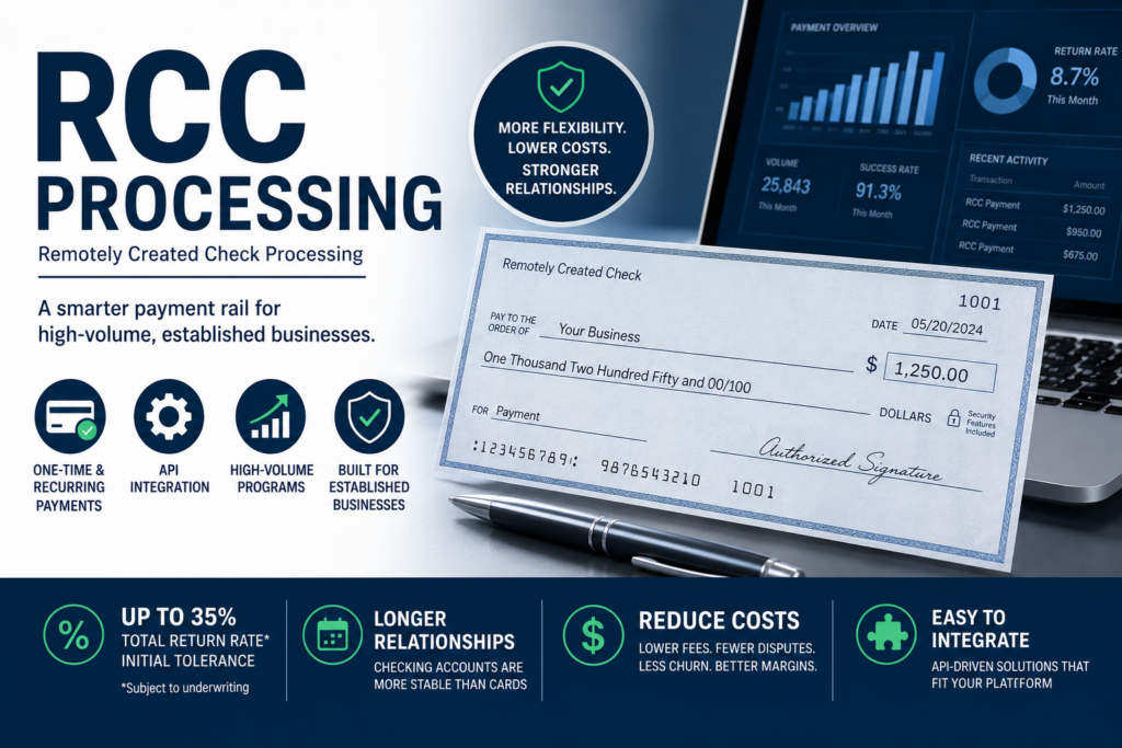 Remotely Created Check processing for high-volume businesses with recurring payments, API integration, and flexible return tolerance.