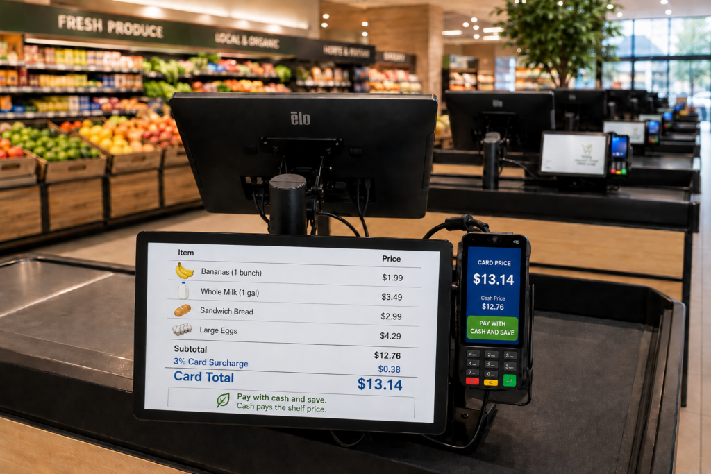 Modern grocery store POS checkout showing four grocery items, a 3% credit card surcharge, and a lower cash price option on the payment terminal.