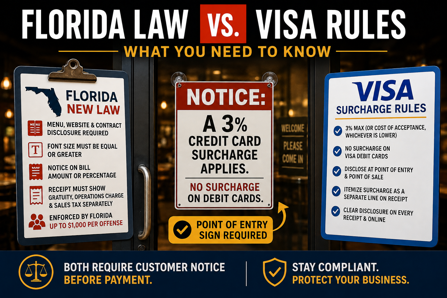 Florida restaurant entrance with 3% credit card surcharge notice comparing Florida law and Visa surcharge rules