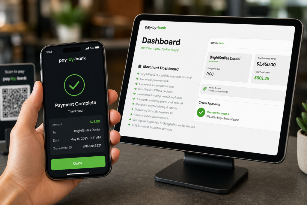 Pay by Bank payment completed on a smartphone beside a merchant dashboard showing successful payment confirmation.