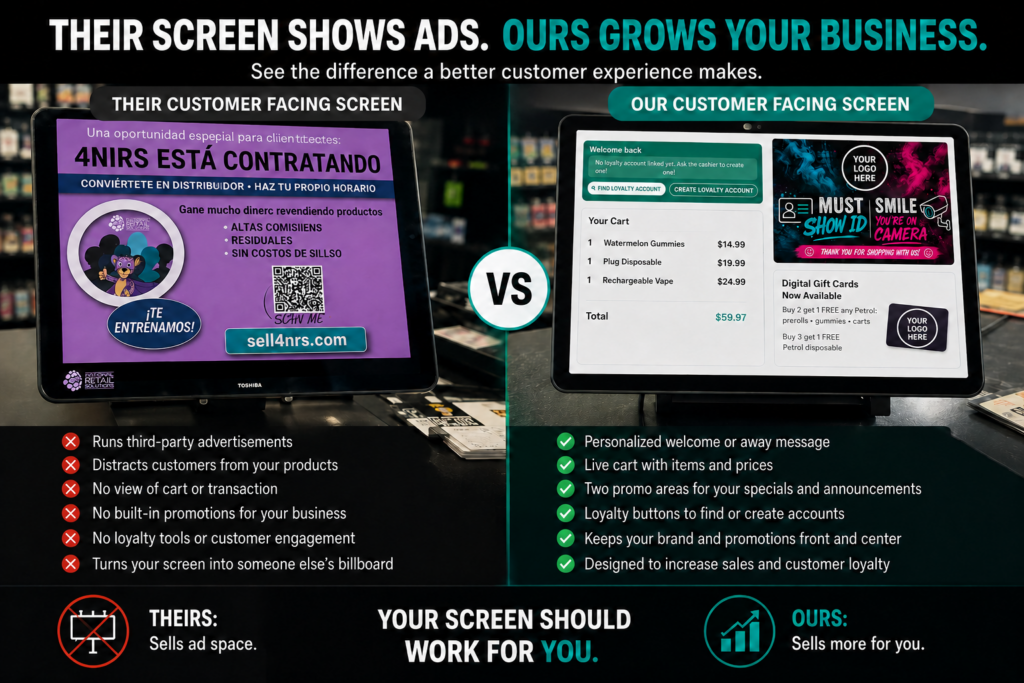 Front screen comparison between NRS and Acadia POS. One screen promotes the software's products. The other lets the merchant promote their own products.