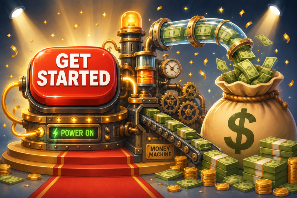 A giant “GET STARTED” button powers a mechanical money machine that pumps cash through gears, pipes, and a conveyor into an overflowing money bag. 
