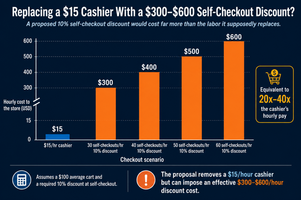 Bar chart comparing a $20 to $30 hourly self-checkout attendant with $300 to $600 in hourly discounts generated by 30 to 60 self-checkout transactions.