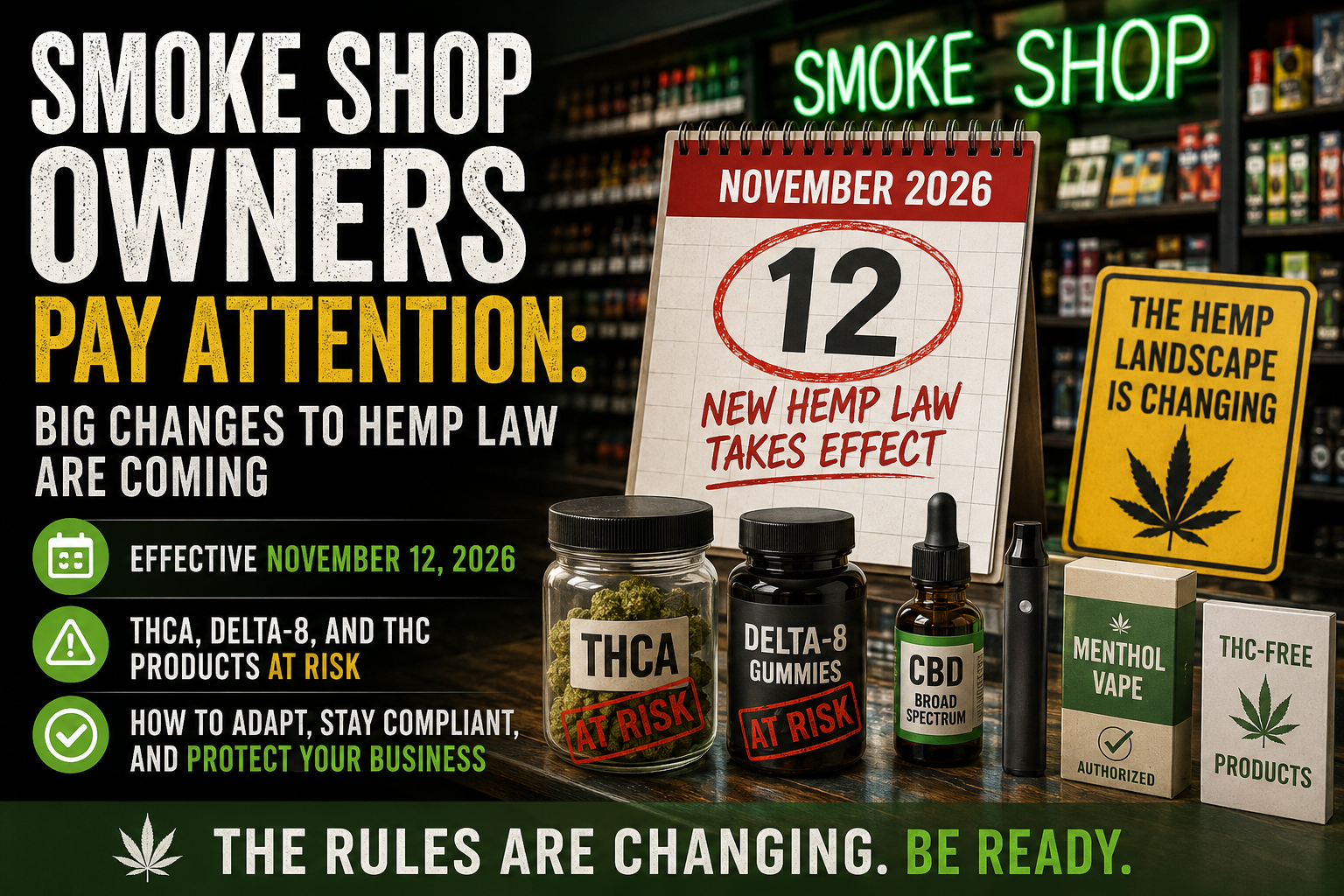 Smoke shop featured image warning owners about the November 12, 2026 federal hemp law changes affecting THCA, Delta-8, THC products, CBD, and vape inventory.
