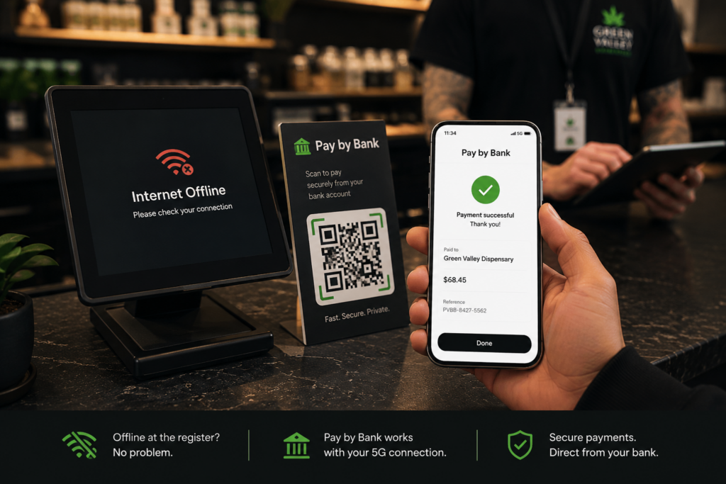 Pay by Bank retail payment completed over 5G while the store’s internet connection is offline.
