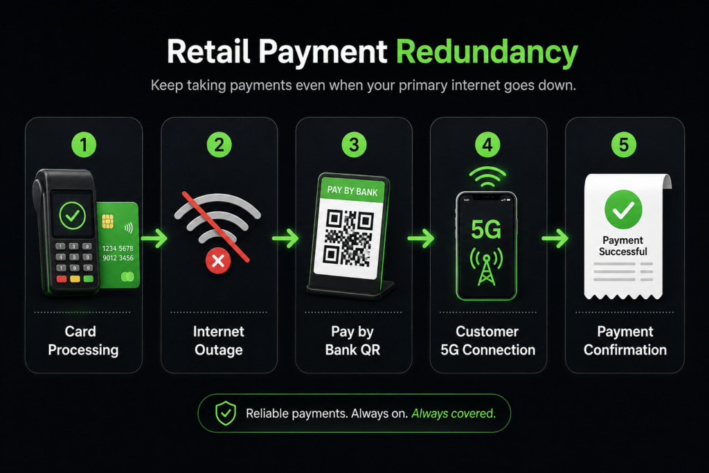 Flow graphic showing how Pay by Bank keeps retail payments running during an internet outage using a QR code, 5G connection, and payment confirmation.