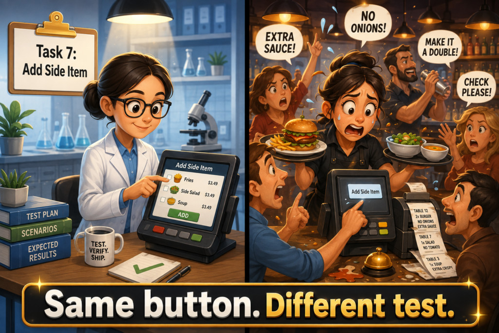 Split-screen illustration comparing a calm POS usability test with a chaotic restaurant shift, showing a researcher adding a side item while a server juggles plates, customer requests, and multiple orders.